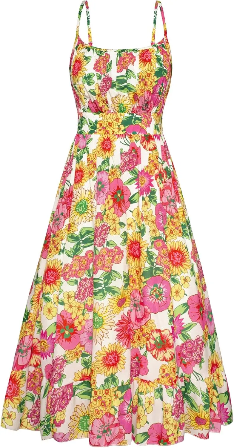 GRACE KARIN Women's Spaghetti Strap Floral Dress Ruffle Hem Pleated Casual Summer Dress Boho Flowy Midi Beach Dress