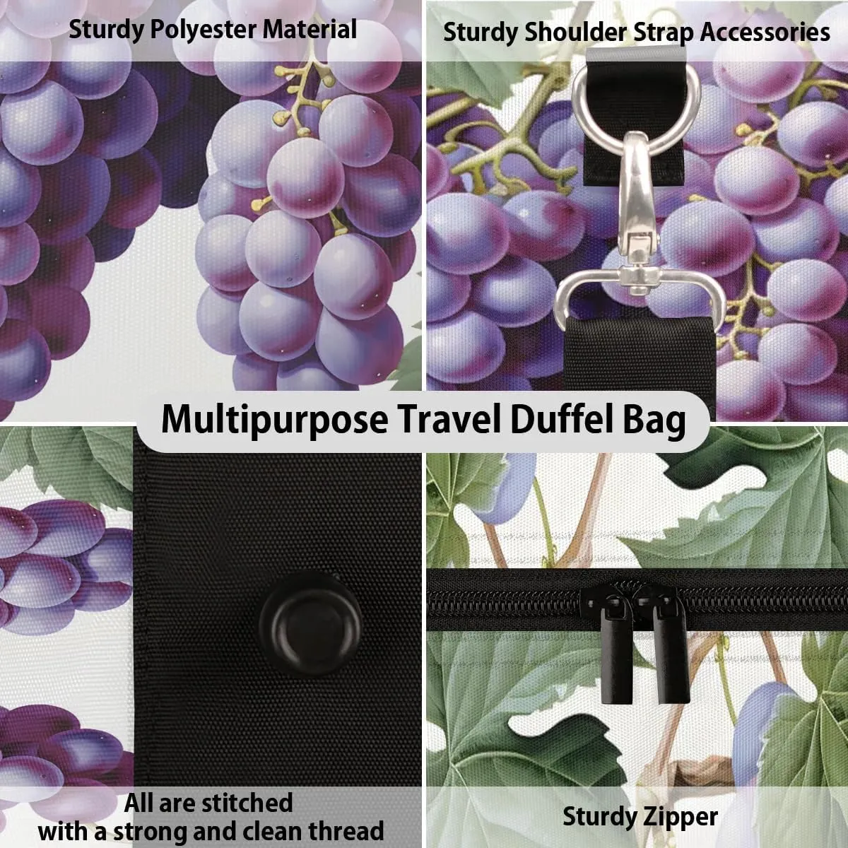 Grape Travel Duffel Bag for Women Men Waterproof Foldable Overnight Weekender Bag Large Capacity Sports Gym Bag