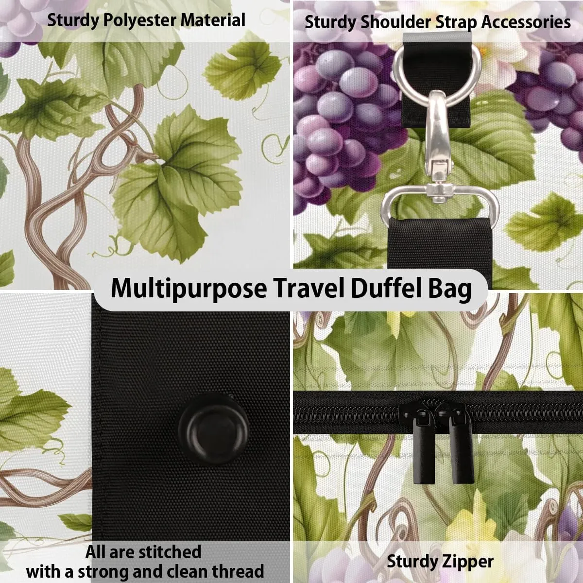 Grapes Pattern Print Travel Duffel Bag for Women Men Waterproof Foldable Overnight Weekender Bag Large Capacity Sports Gym Bag