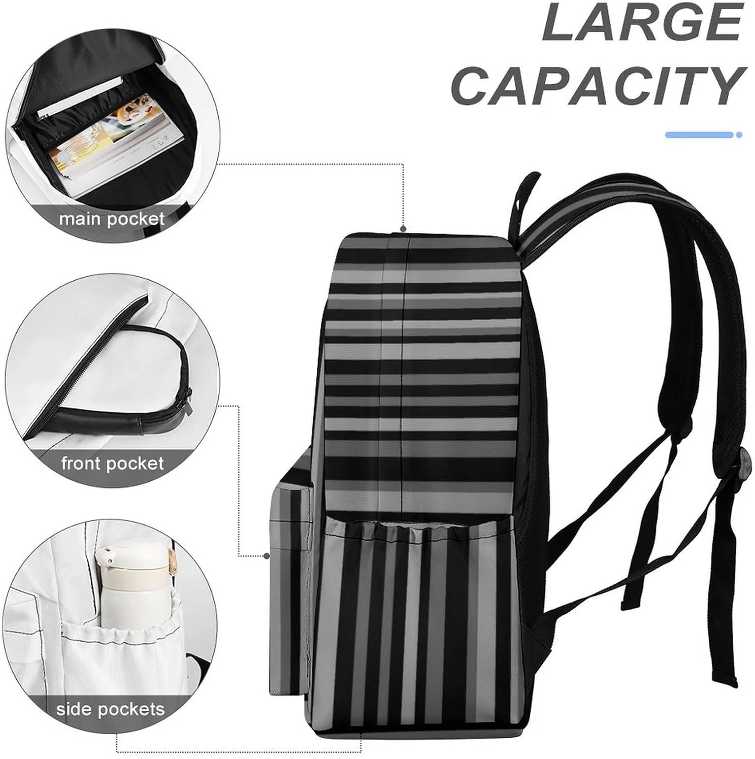 Gray Black Stripes Casual Lightweight Large Capacity Travel Backpack Unisex