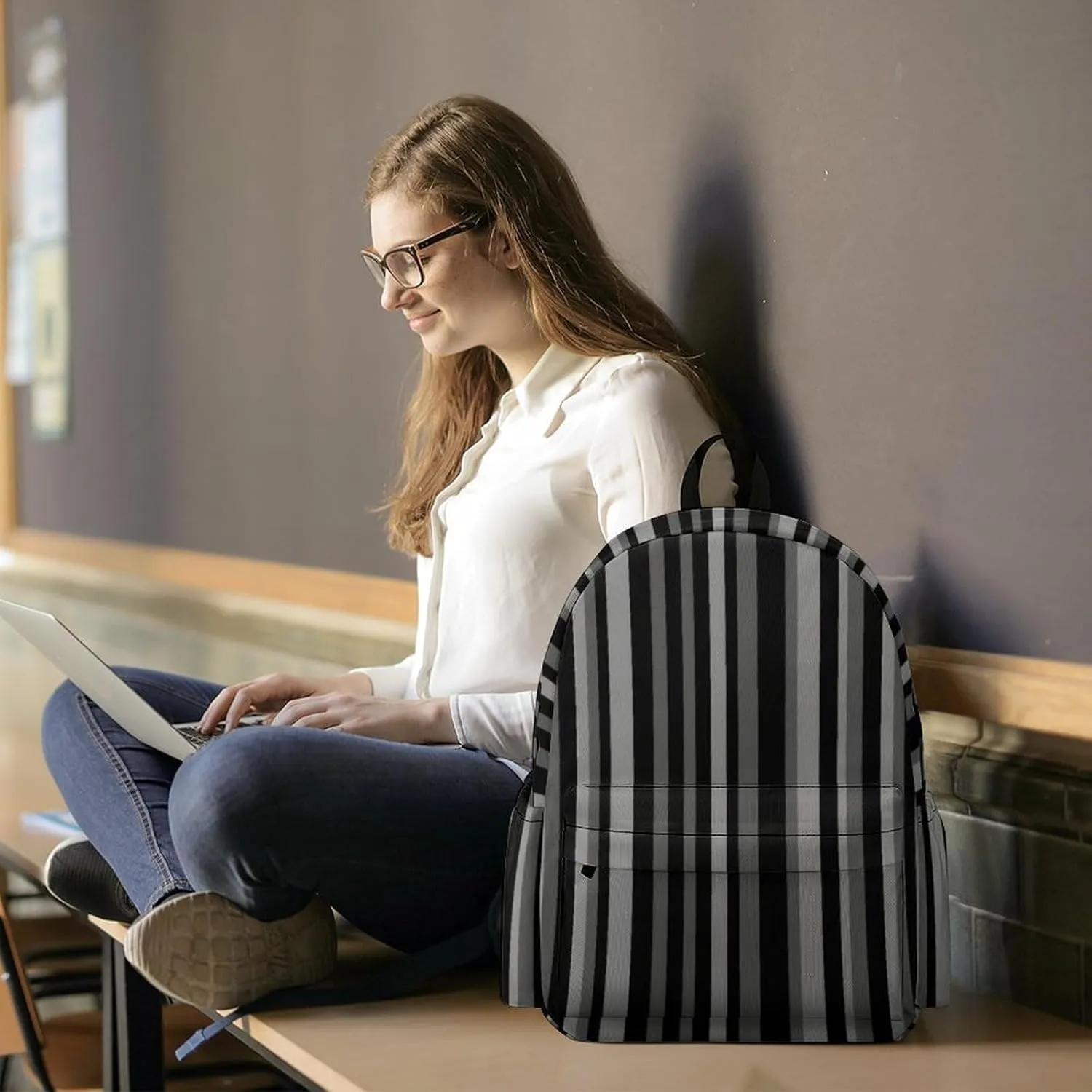 Gray Black Stripes Casual Lightweight Large Capacity Travel Backpack Unisex
