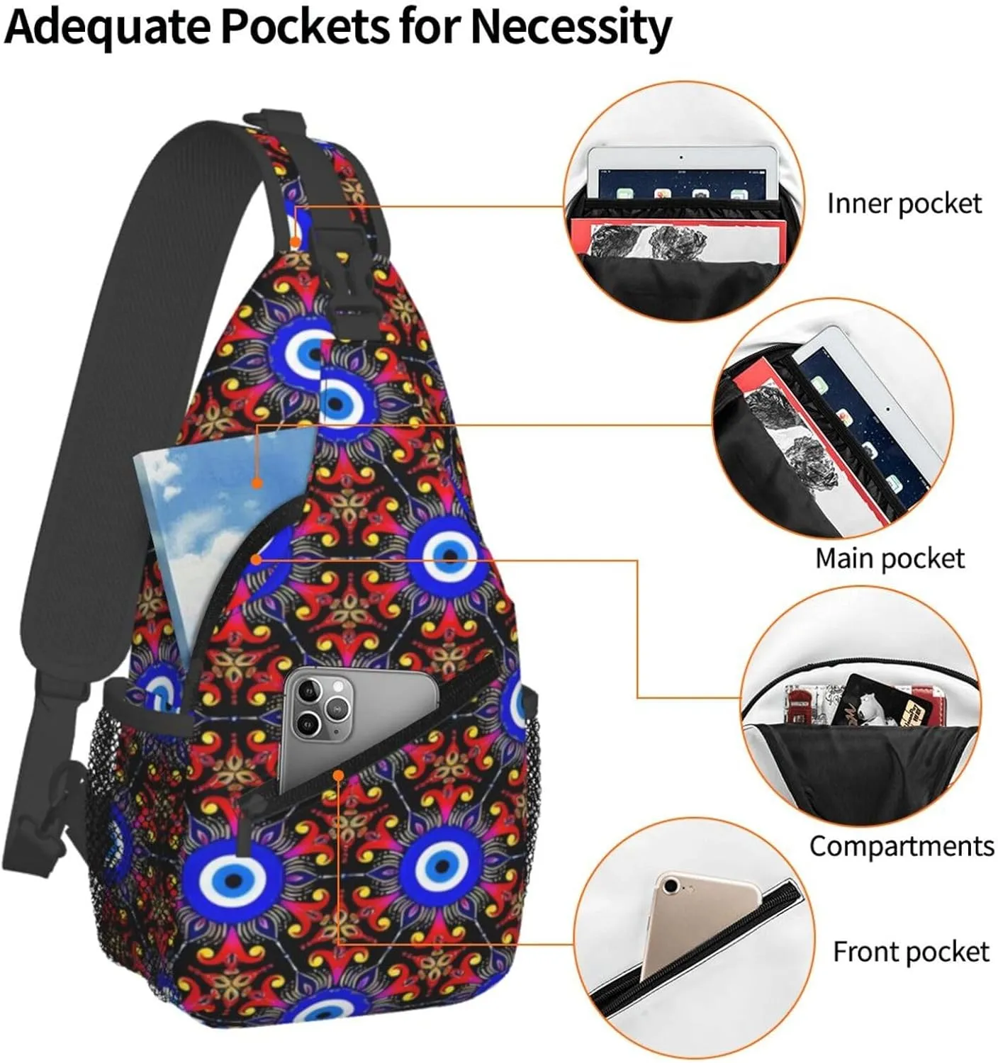 Greek Turkish Evil Eye Artcrossbody Bag, Adjustable Shoulder Strap Chest Bag, Sports Travel, Running, Leisure Waist Bag