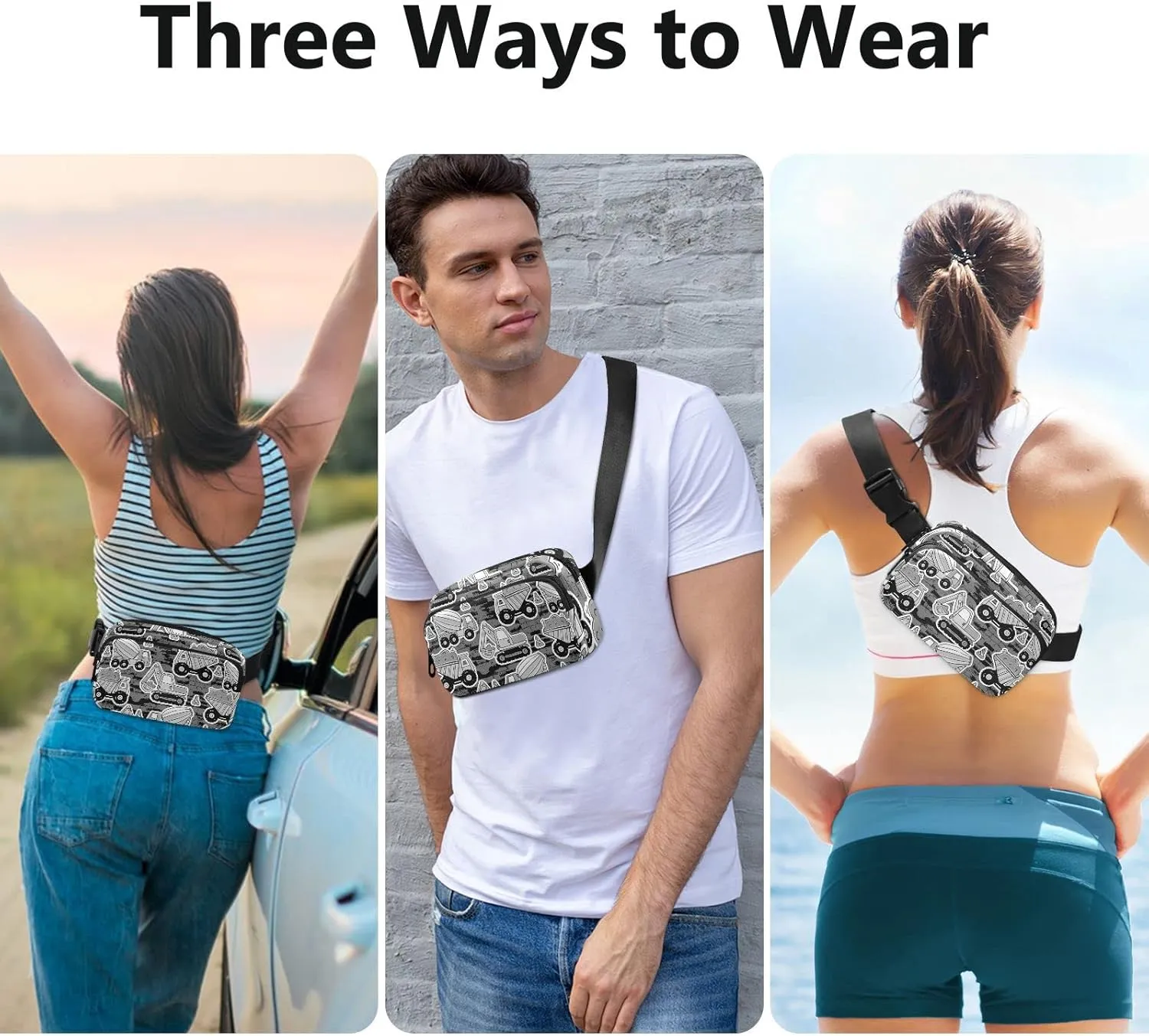 Grey Construction Machinery with Truck Crane and Bulldozer on Grey Adjustable Belt Running Bag, Crossbody Fanny Pack Waist Runners Bag Tote for Women Men Sports Hiking Fitness Exercise Gym Pouch