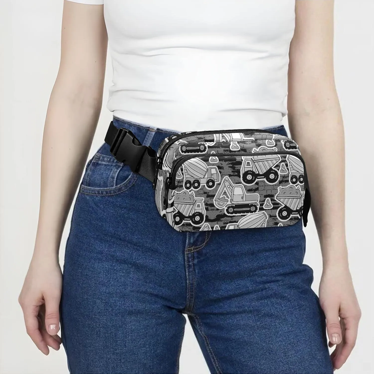 Grey Construction Machinery with Truck Crane and Bulldozer on Grey Adjustable Belt Running Bag, Crossbody Fanny Pack Waist Runners Bag Tote for Women Men Sports Hiking Fitness Exercise Gym Pouch