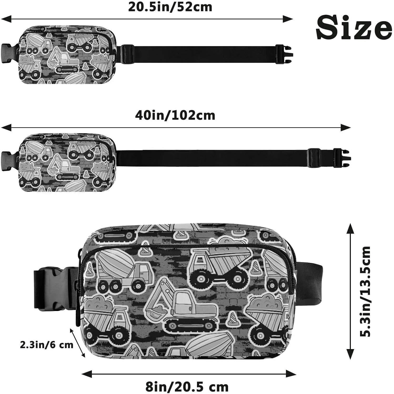 Grey Construction Machinery with Truck Crane and Bulldozer on Grey Adjustable Belt Running Bag, Crossbody Fanny Pack Waist Runners Bag Tote for Women Men Sports Hiking Fitness Exercise Gym Pouch