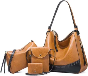 Handbags for Women Tote Bags Color Block Large Capacity Shoulder Bags Card Hold 4 Pcs Set