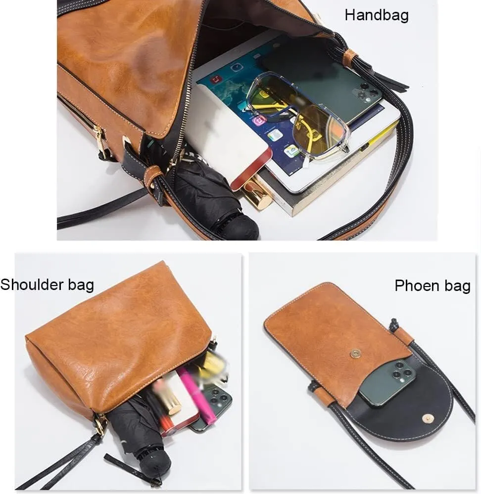 Handbags for Women Tote Bags Color Block Large Capacity Shoulder Bags Card Hold 4 Pcs Set