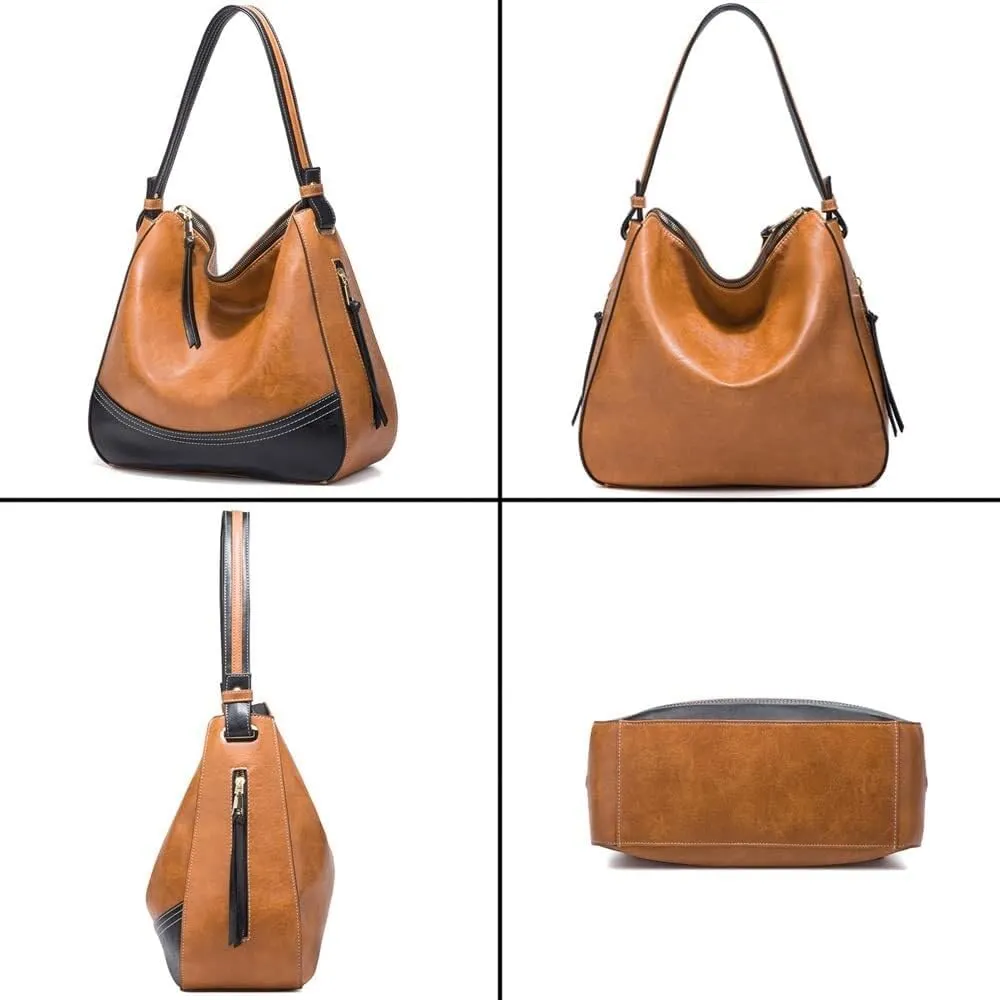 Handbags for Women Tote Bags Color Block Large Capacity Shoulder Bags Card Hold 4 Pcs Set