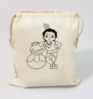 Handmakers Black Krishna Print Canvas White Potli Bag for Gifts Ideas