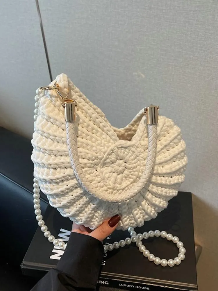 Handwoven Seashell Bag for Women Crochet Beach Bag Boho Clutch with Pearl Strap Leather Handle Unique Design 2025