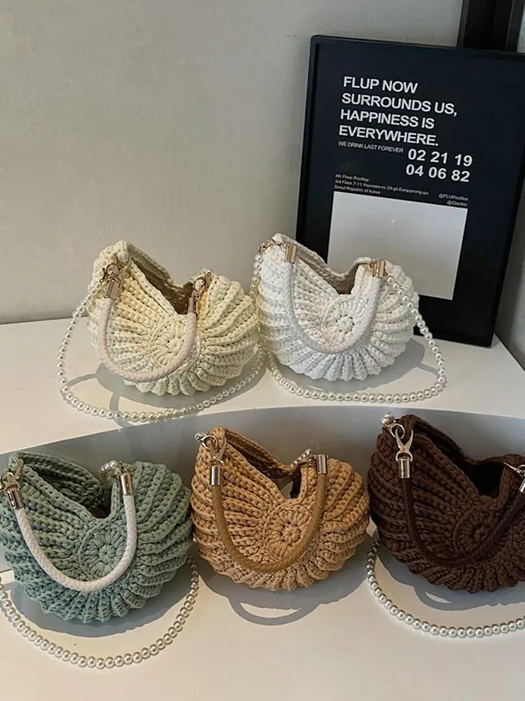 Handwoven Seashell Bag for Women Crochet Beach Bag Boho Clutch with Pearl Strap Leather Handle Unique Design 2025