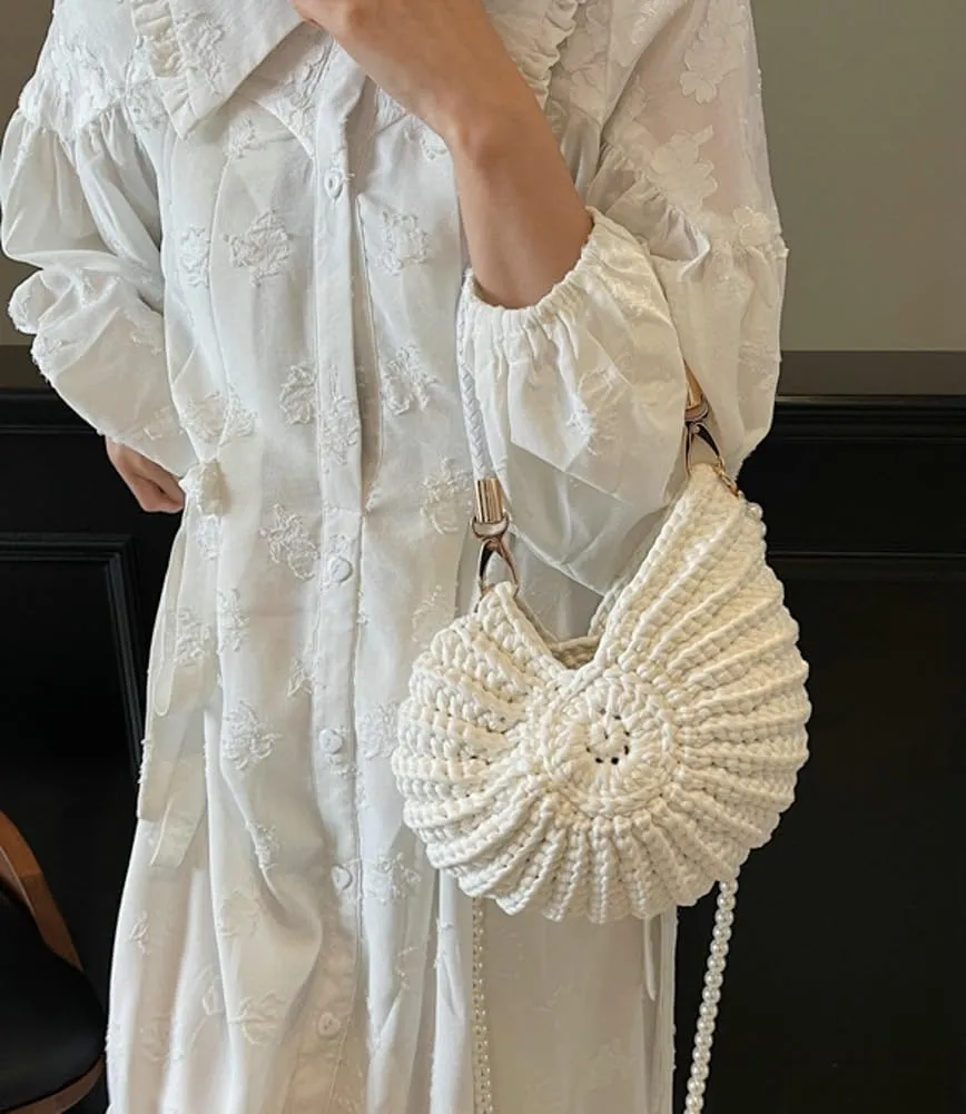 Handwoven Seashell Bag for Women Crochet Beach Bag Boho Clutch with Pearl Strap Leather Handle Unique Design 2025