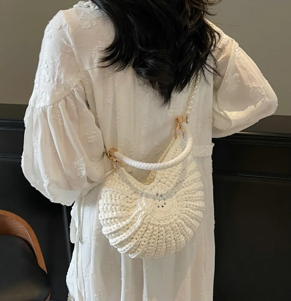 Handwoven Seashell Bag for Women Crochet Beach Bag Boho Clutch with Pearl Strap Leather Handle Unique Design 2025