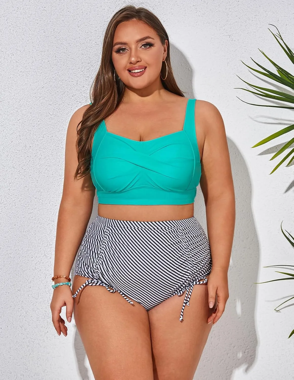 Hanna Nikole Women Plus Size Two Piece Swimsuit Sets Twist Front Bikini Bathing Suit with Drawstring Ruched Bottom