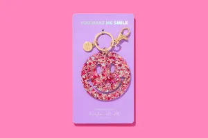 Happy Face Keychain Pink   Silver Confetti