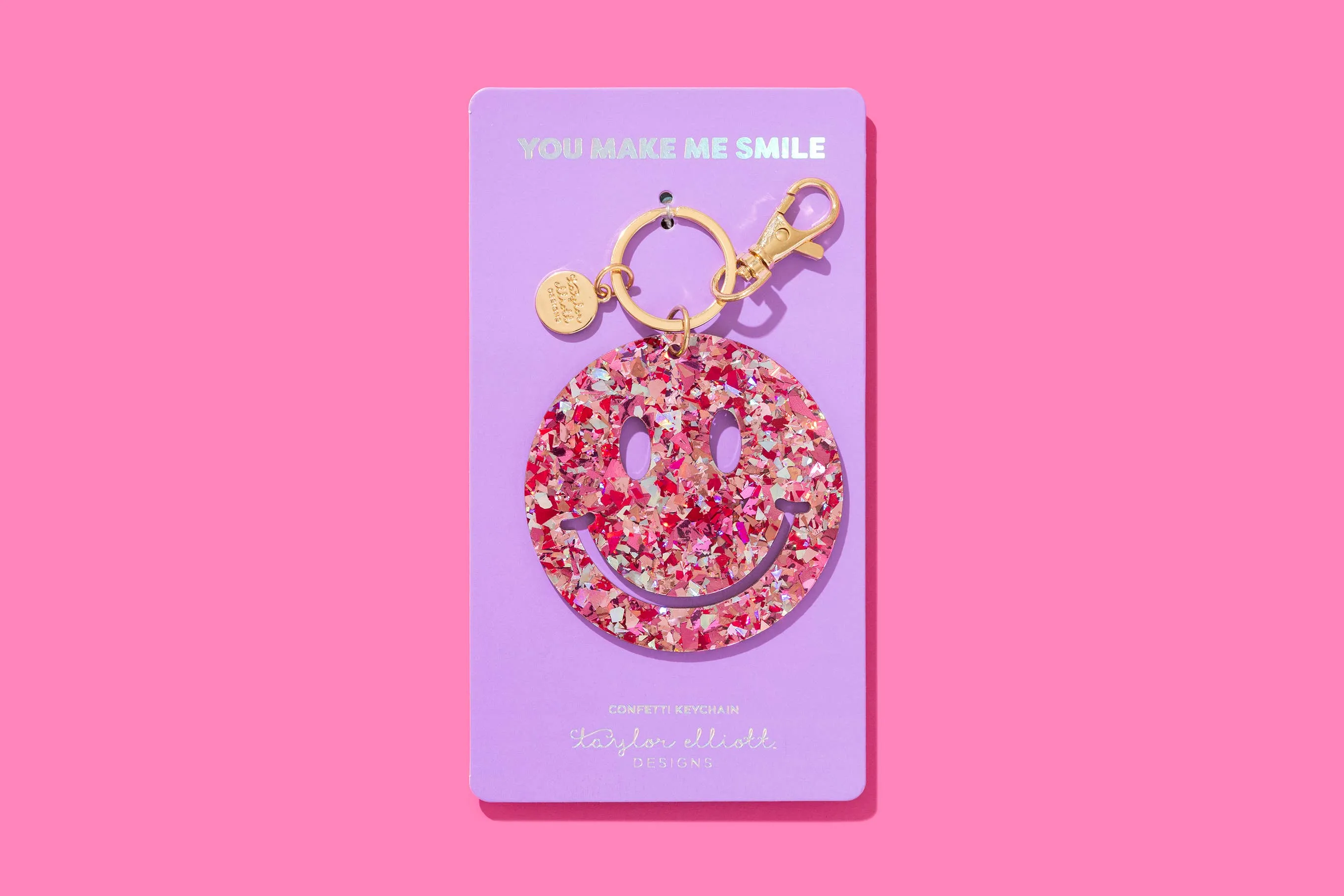 Happy Face Keychain Pink   Silver Confetti