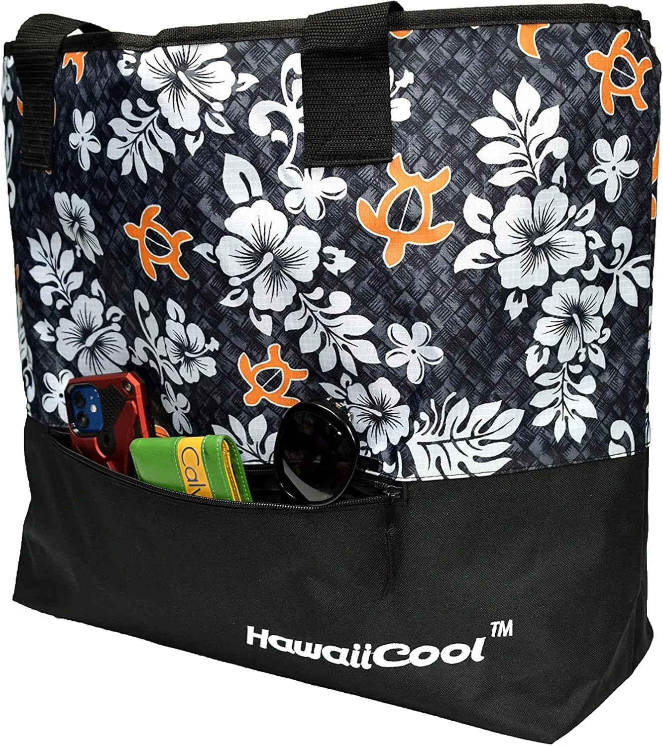Hawaiian Print Large Insulated Cooler Tote Bag 245 (Honu Family 2 - Navy/Pink)