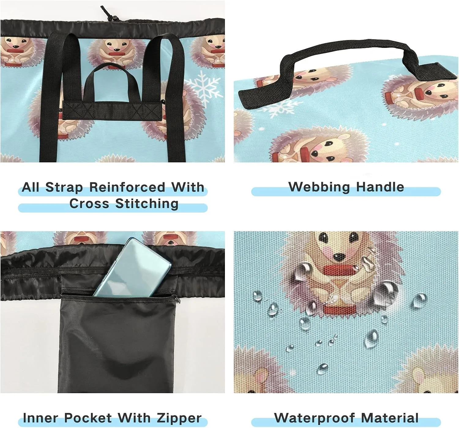 Hedgehog Snowflake Laundry Bag Large Heavy Duty Laundry Backpack with Shoulder Straps Waterproof Laundry bag for Traveling Camp Dirty Clothes Organizer for College Students