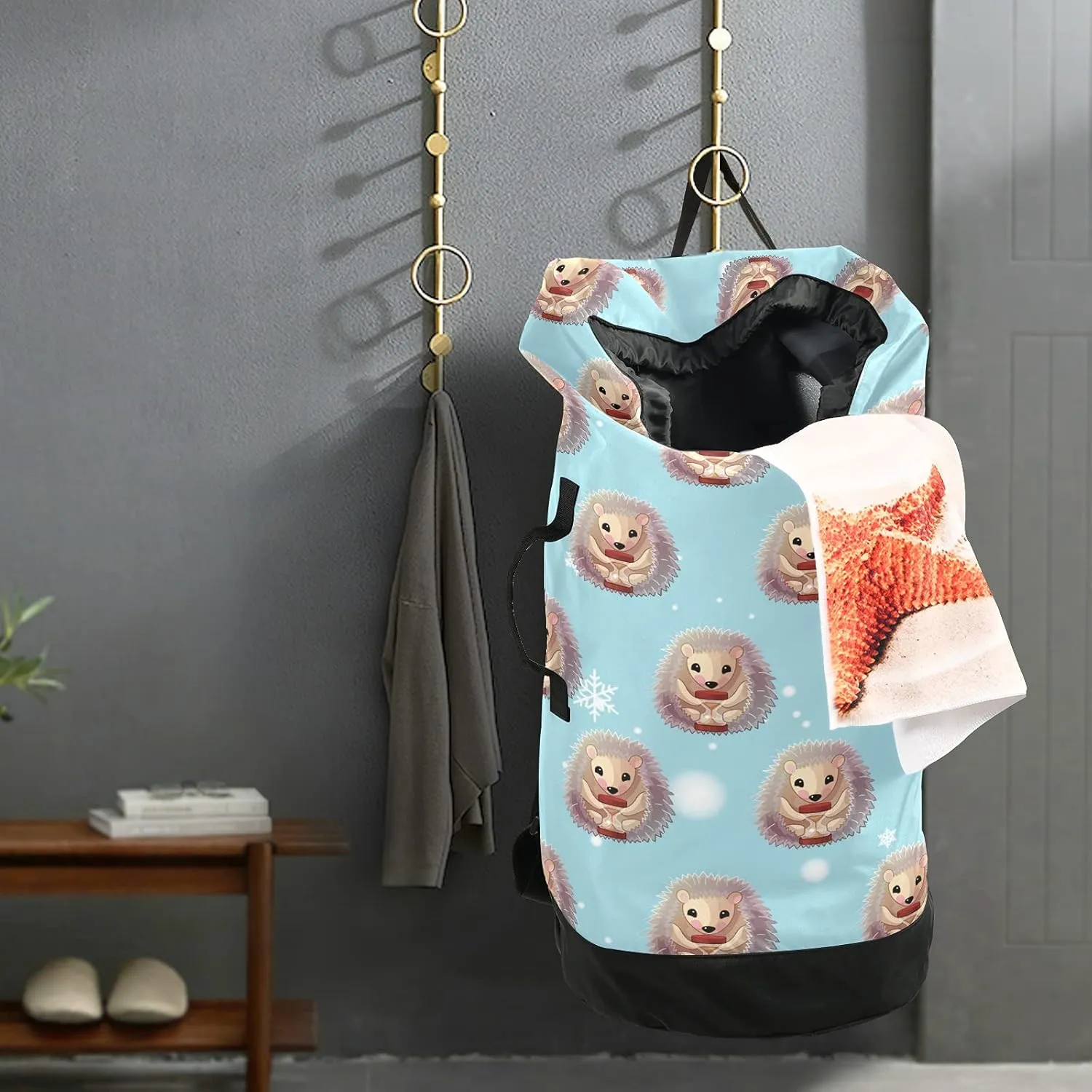 Hedgehog Snowflake Laundry Bag Large Heavy Duty Laundry Backpack with Shoulder Straps Waterproof Laundry bag for Traveling Camp Dirty Clothes Organizer for College Students