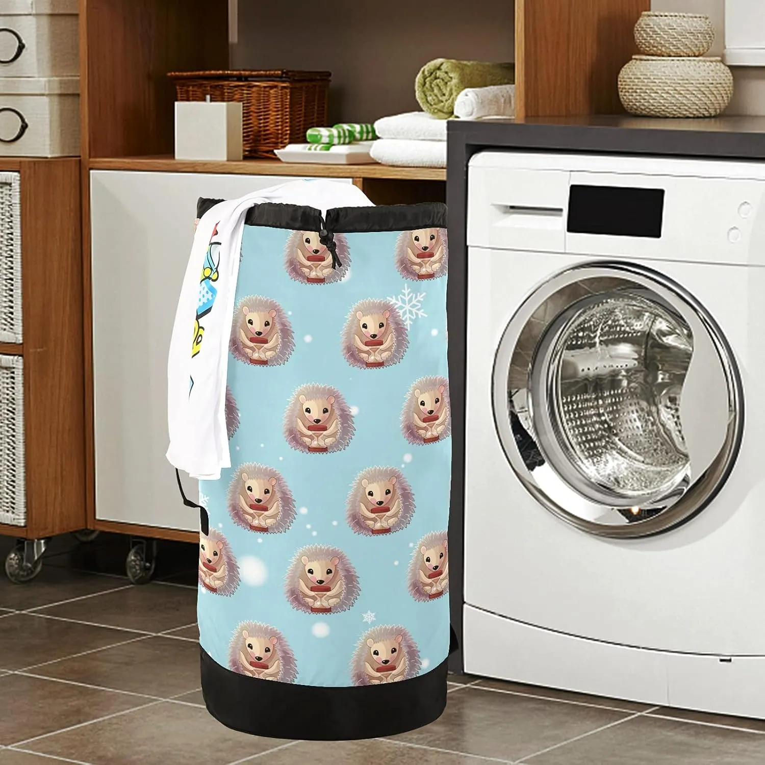 Hedgehog Snowflake Laundry Bag Large Heavy Duty Laundry Backpack with Shoulder Straps Waterproof Laundry bag for Traveling Camp Dirty Clothes Organizer for College Students