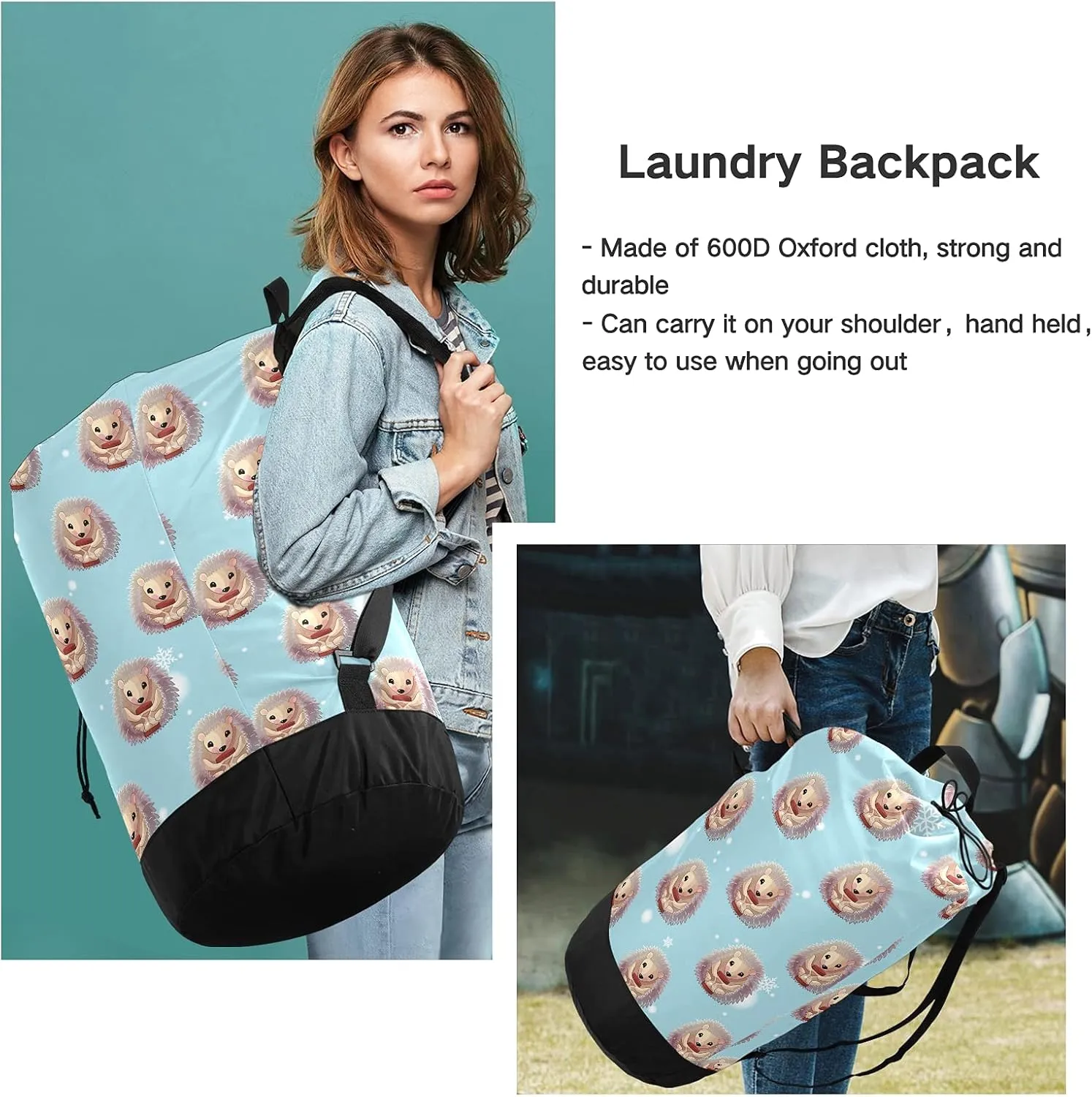 Hedgehog Snowflake Laundry Bag Large Heavy Duty Laundry Backpack with Shoulder Straps Waterproof Laundry bag for Traveling Camp Dirty Clothes Organizer for College Students