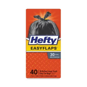 Hefty® Easy Flaps Trash Bags, Tie-Flap, 30 gal, 0.85 mil, 30" x 33", Black, 40/Box