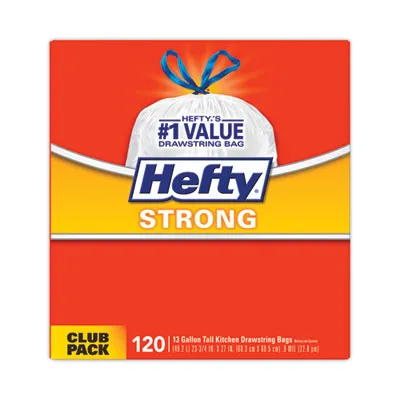 Hefty® Strong Tall Kitchen Drawstring Bags, 13 gal, 23.75" x 27", White, 120 Bags/Box, 3 Boxes/Carton