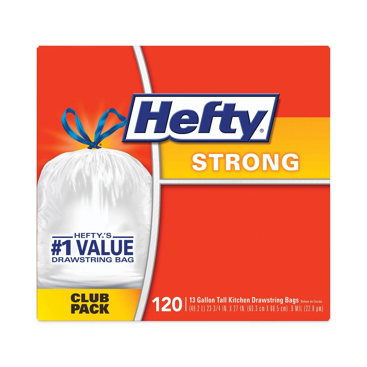 Hefty® Strong Tall Kitchen Drawstring Bags, 13 gal, 23.75" x 27", White, 120 Bags/Box, 3 Boxes/Carton