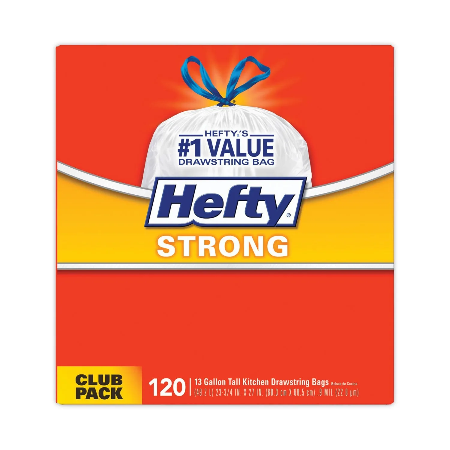 Hefty® Strong Tall Kitchen Drawstring Bags, 13 gal, 23.75" x 27", White, 120 Bags/Box, 3 Boxes/Carton