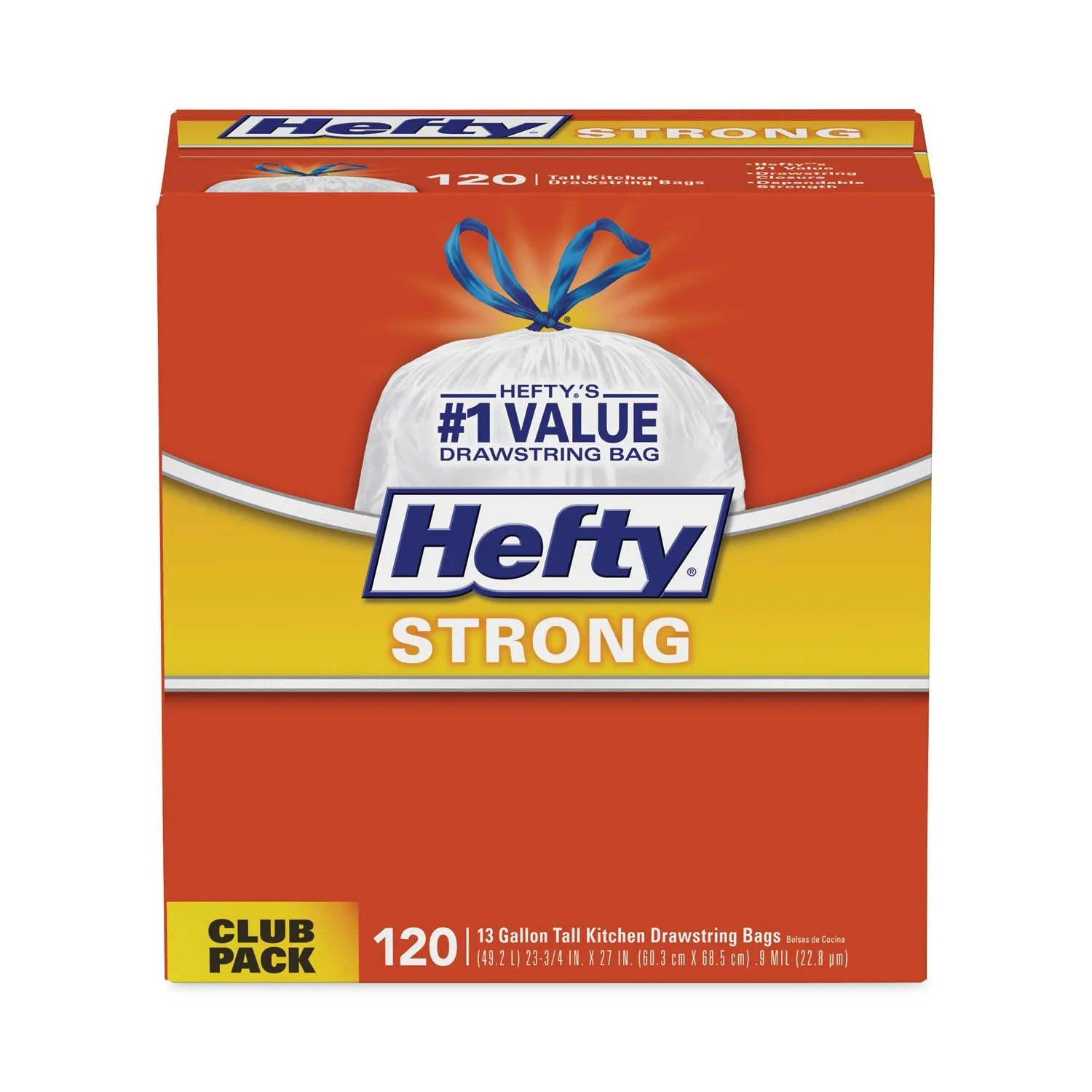 Hefty® Strong Tall Kitchen Drawstring Bags, 13 gal, 23.75" x 27", White, 90 Bags/Box, 3 Boxes/Carton