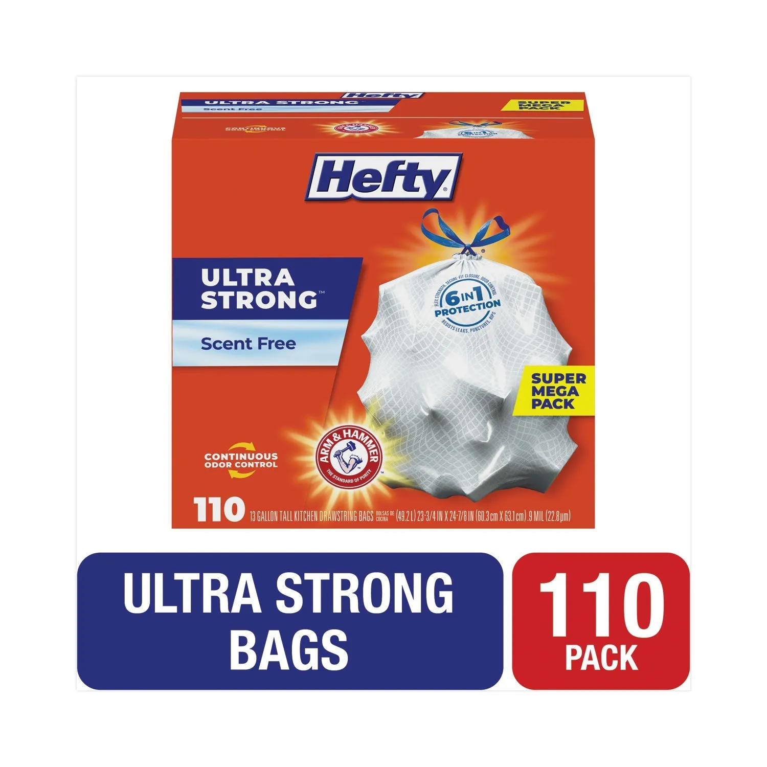 Hefty® Ultra Strong Tall Kitchen Trash Bags, Drawstring, 13 gal, 23.75" x 24.88", White, 110/Box