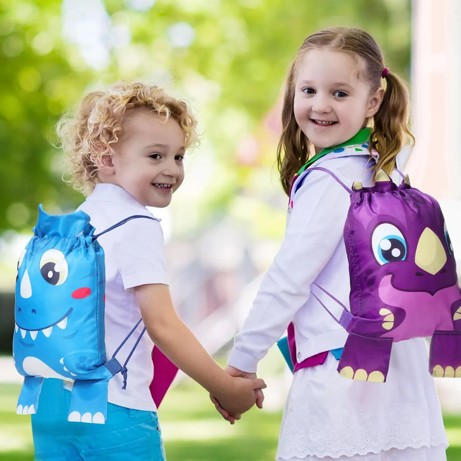 Hillban 16 Pcs Animal Drawstring Bags for Kids Party Favors Drawstring Backpack with Ear for Safari Birthday(Dinosaur Style)