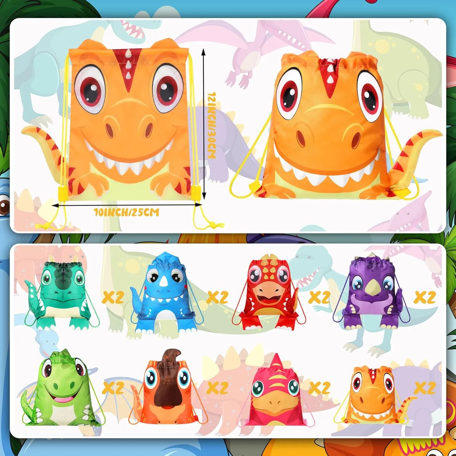 Hillban 16 Pcs Animal Drawstring Bags for Kids Party Favors Drawstring Backpack with Ear for Safari Birthday(Dinosaur Style)