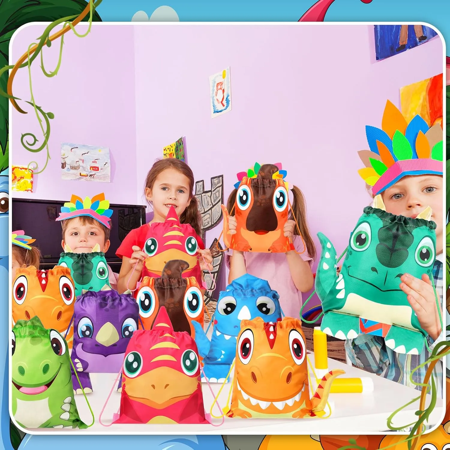 Hillban 16 Pcs Animal Drawstring Bags for Kids Party Favors Drawstring Backpack with Ear for Safari Birthday(Dinosaur Style)