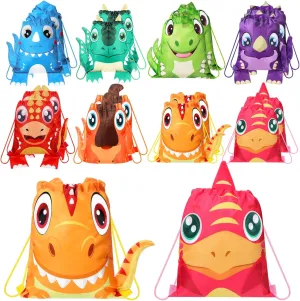 Hillban 16 Pcs Animal Drawstring Bags for Kids Party Favors Drawstring Backpack with Ear for Safari Birthday(Dinosaur Style)