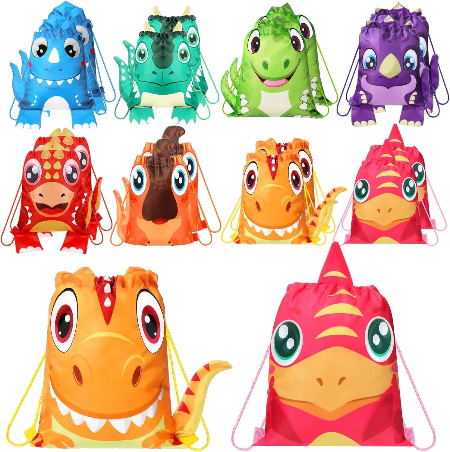 Hillban 16 Pcs Animal Drawstring Bags for Kids Party Favors Drawstring Backpack with Ear for Safari Birthday(Dinosaur Style)
