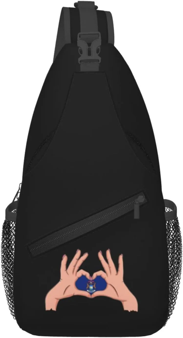 Holding A Heart Flag Of Michigan Crossbody Bags For Women Men Chest Backpack Gym Shoulder Bag Travel Outdoor Sports Casual Crossbody Bags