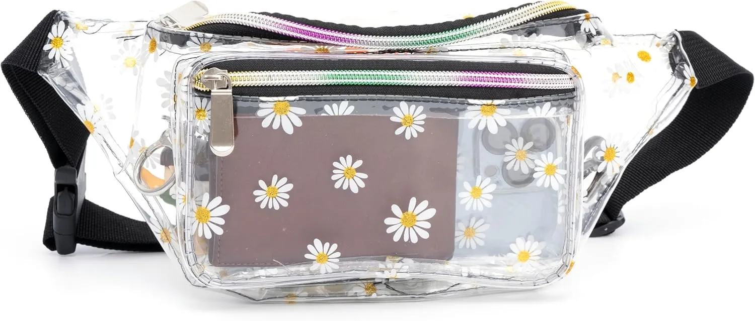 Holographic 80s 90S Rave Stars Neon Transparent Gravel Fanny Pack for Women - Great Waist Pack for Games, Concerts, Rave, Festival, Travel