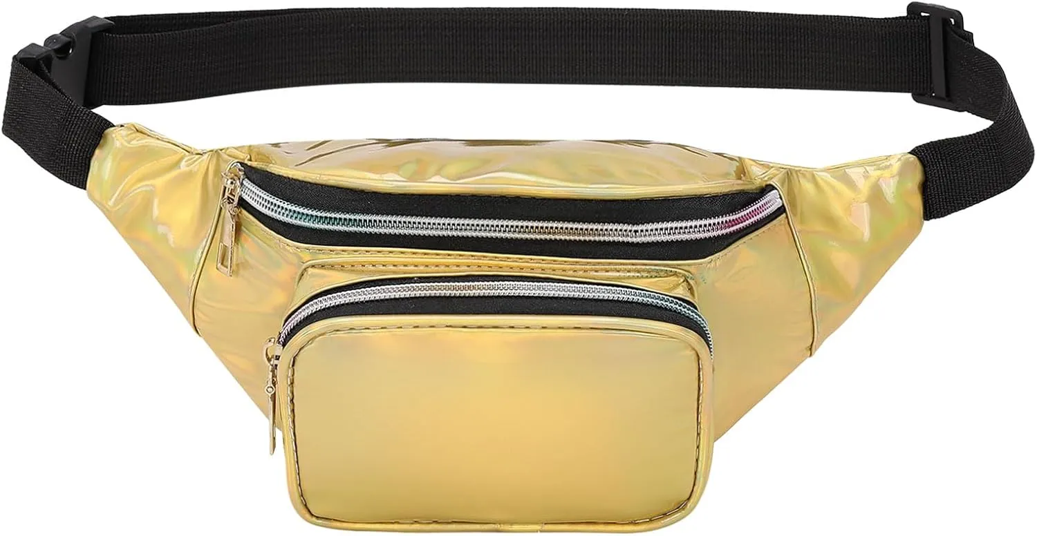 Holographic Fanny Pack for Women, Cute Waist Belt Bag, Crossbody Bag 3-Pocket Water Resistant Fashion Small Bum Bag with Adjustable Belt for Running Hiking Shiny Yellow