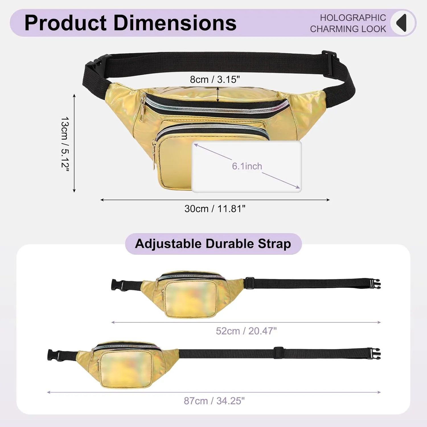 Holographic Fanny Pack for Women, Cute Waist Belt Bag, Crossbody Bag 3-Pocket Water Resistant Fashion Small Bum Bag with Adjustable Belt for Running Hiking Shiny Yellow