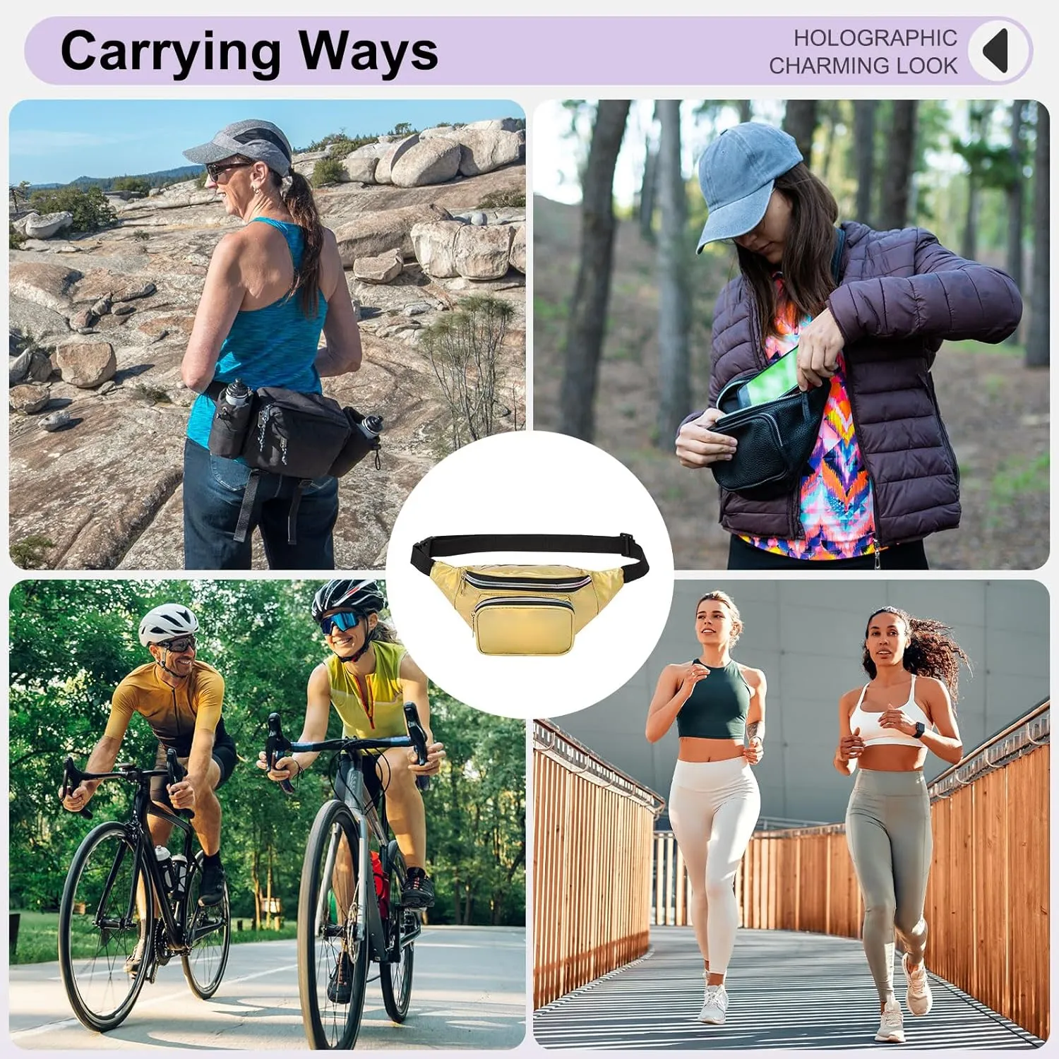 Holographic Fanny Pack for Women, Cute Waist Belt Bag, Crossbody Bag 3-Pocket Water Resistant Fashion Small Bum Bag with Adjustable Belt for Running Hiking Shiny Yellow