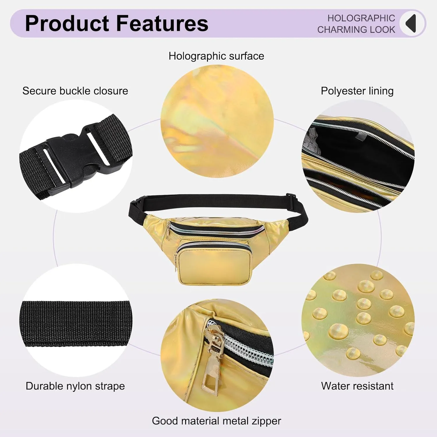 Holographic Fanny Pack for Women, Cute Waist Belt Bag, Crossbody Bag 3-Pocket Water Resistant Fashion Small Bum Bag with Adjustable Belt for Running Hiking Shiny Yellow