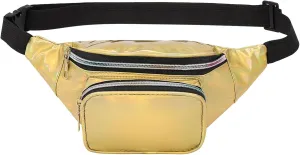 Holographic Fanny Pack for Women, Cute Waist Belt Bag, Crossbody Bag 3-Pocket Water Resistant Fashion Small Bum Bag with Adjustable Belt for Running Hiking Shiny Yellow