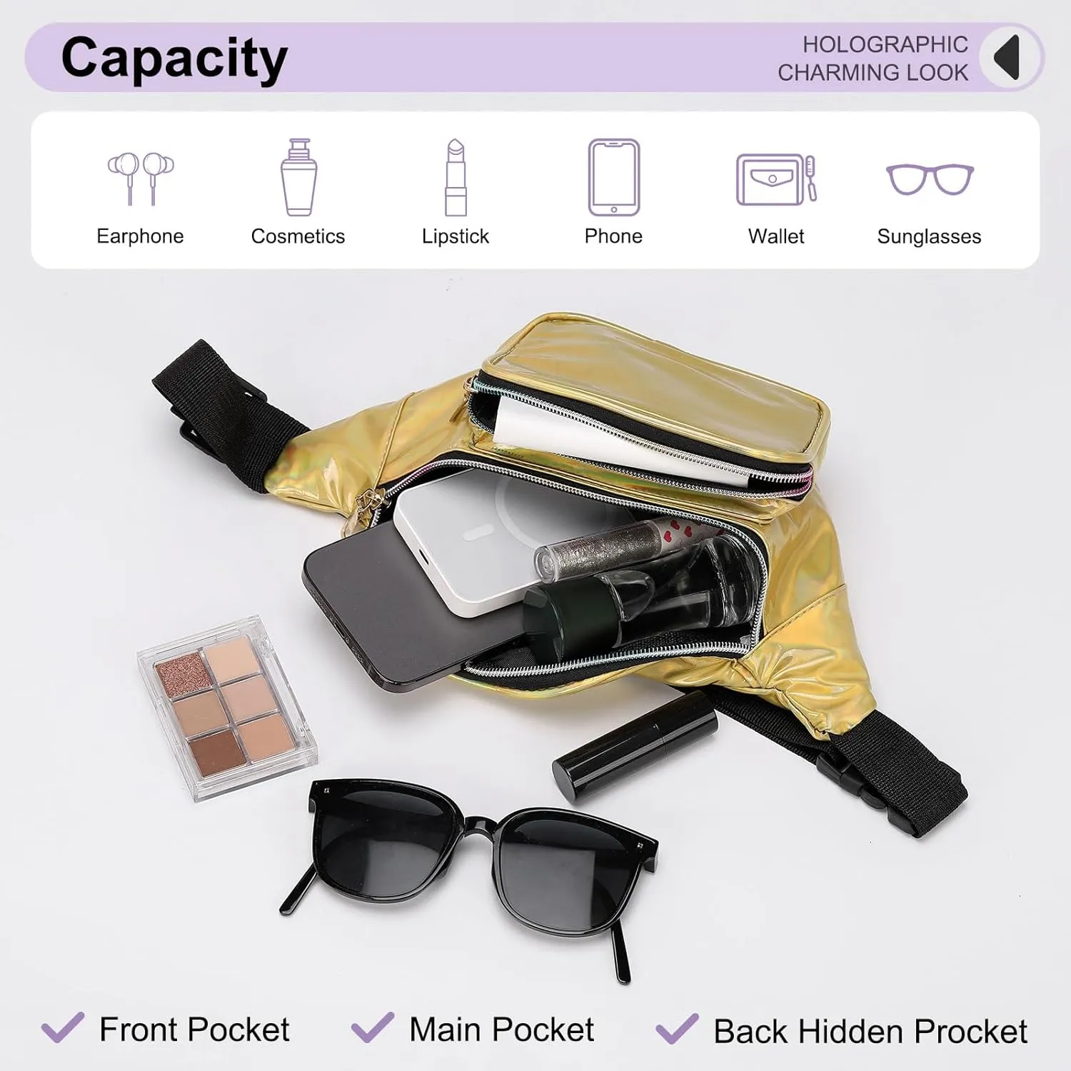 Holographic Fanny Pack for Women, Cute Waist Belt Bag, Crossbody Bag 3-Pocket Water Resistant Fashion Small Bum Bag with Adjustable Belt for Running Hiking Shiny Yellow