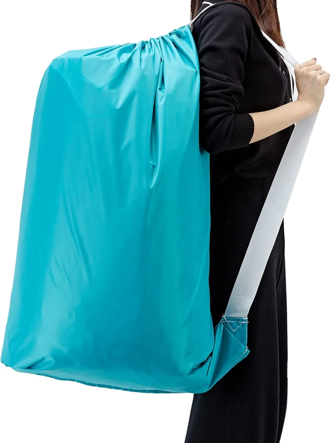HOMEST 2 Pack XL Nylon Laundry Bag with Strap, Large Dirty Clothes Organizer, Easy Fit a Laundry Hamper or Basket, Can Carry Up to 4 Loads of Laundry, Black and Sky Blue