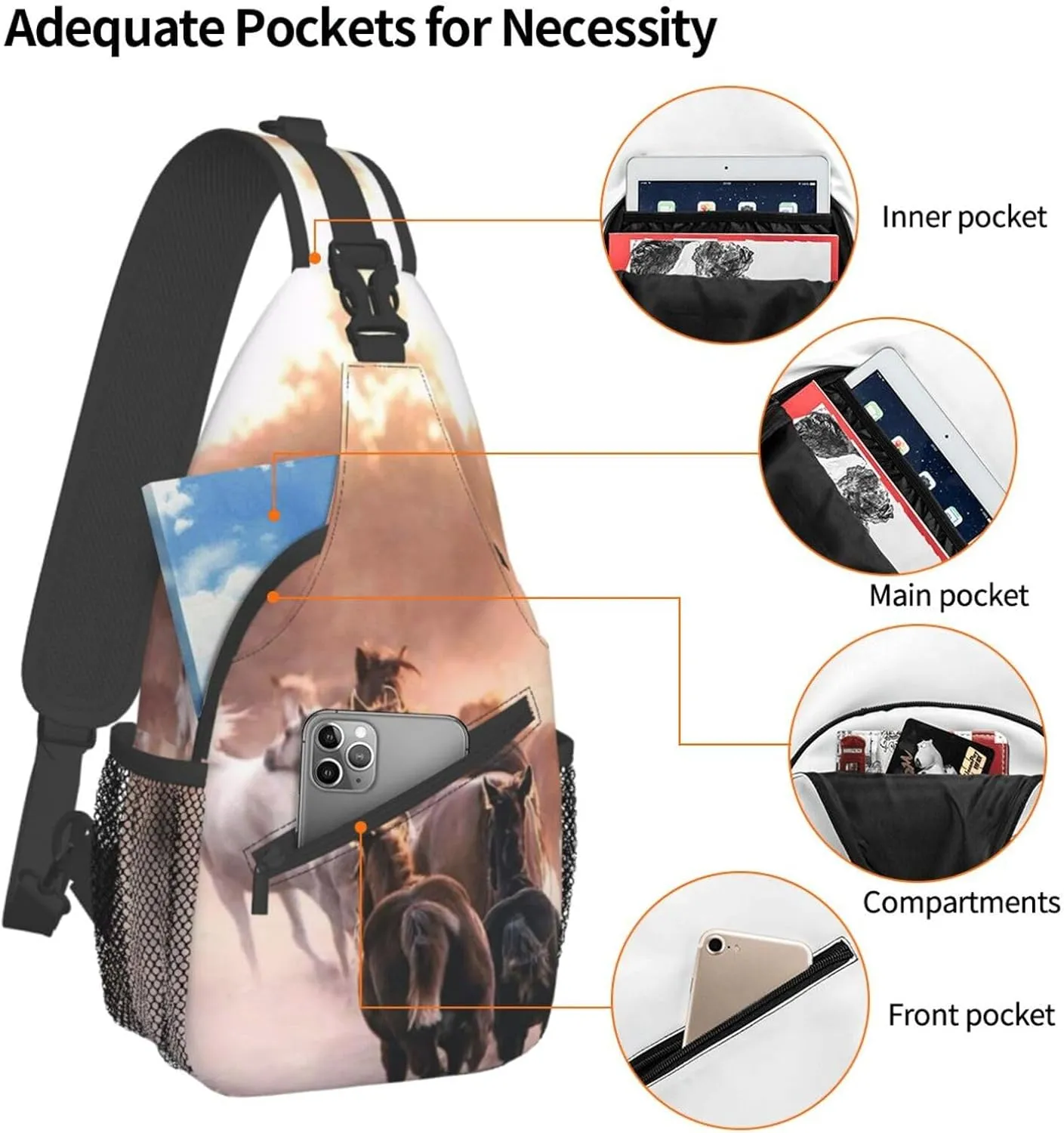 Horse Sling Bag Animal Crossbody Chest Daypack Casual Backpack Horse Shoulder Bag Horse Hiking Bag Cute Bag