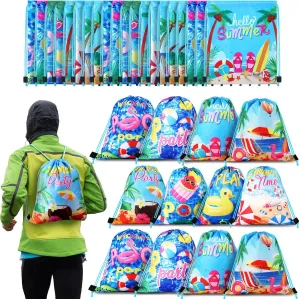 Hosuly 24 Pcs Summer Pool Party Drawstring Bags Swimming Pool Party Favor Decoration Summer Goody Candy Treat Gift Backpack Favors Bags Beach Hawaiian Shower Birthday