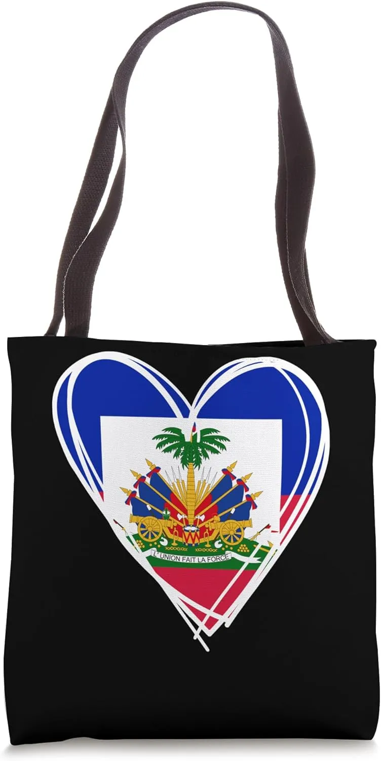 I Love Haiti Unique Haitian Flag Heart Graphic Haitian Pride Tote Bag