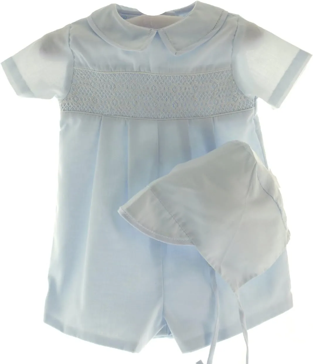 Infant Boys Blue Smocked Baptism Romper Outfit & Hat Set-3M