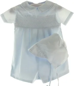 Infant Boys Blue Smocked Baptism Romper Outfit & Hat Set-3M